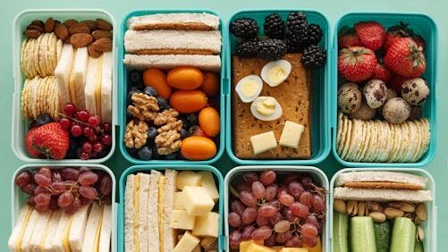 Free A top view of assorted snacks in teal containers on a green background. Stock Photo