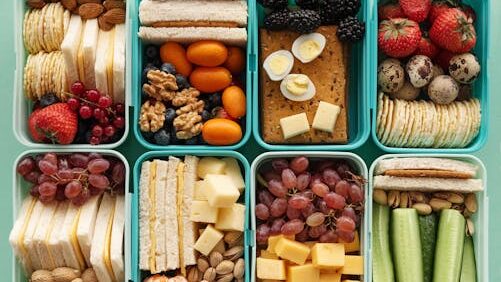 Free A top view of assorted snacks in teal containers on a green background. Stock Photo